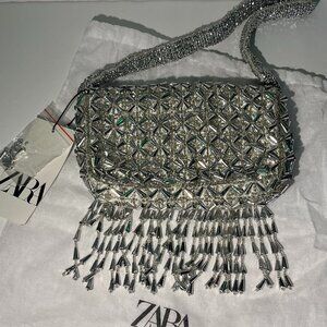 Zara Silver Gray Beaded/Embellished Metallic Handbag